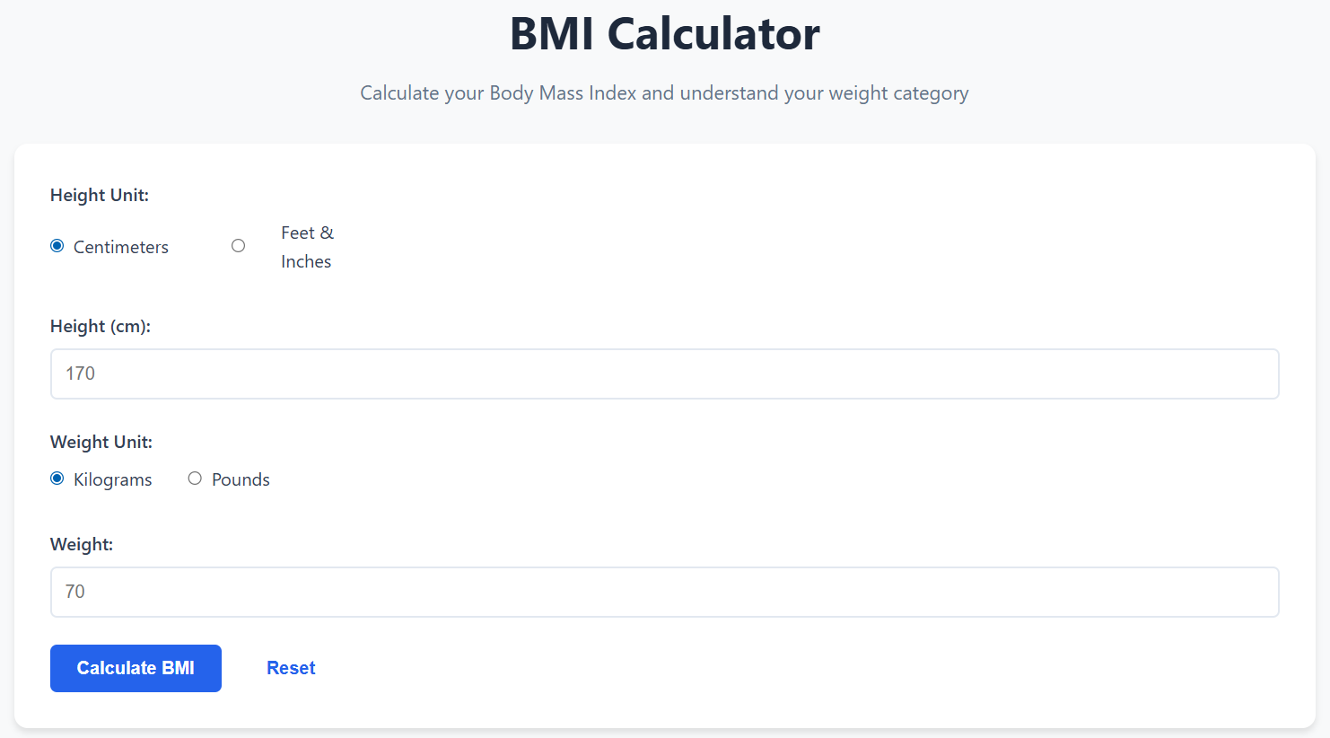 BMI Calculator form showing height unit selection (centimeters or feet/inches), weight unit selection (kilograms or pounds), height and weight inputs, and Calculate BMI button.