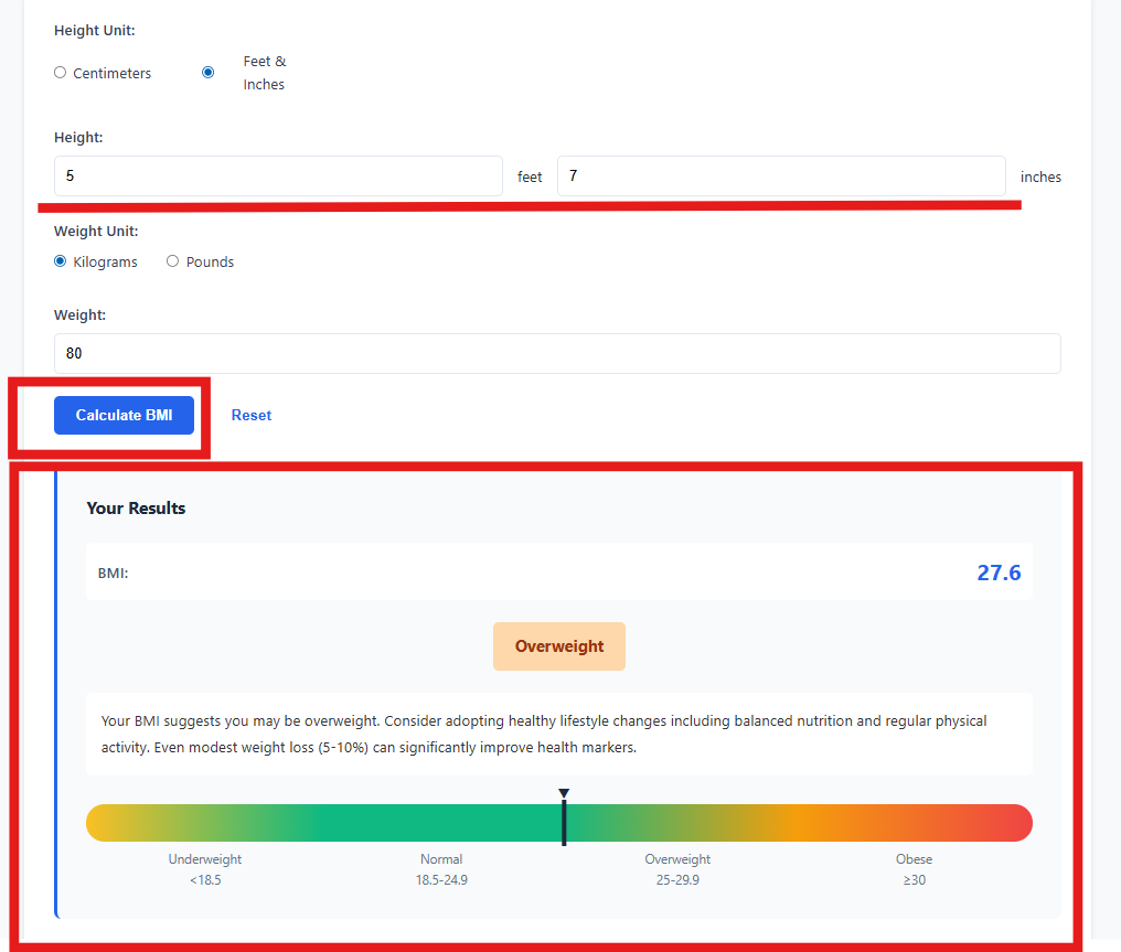 BMI Calculator showing feet and inches inputs, weight unit selection, calculate button, and results section with BMI value and overweight label.