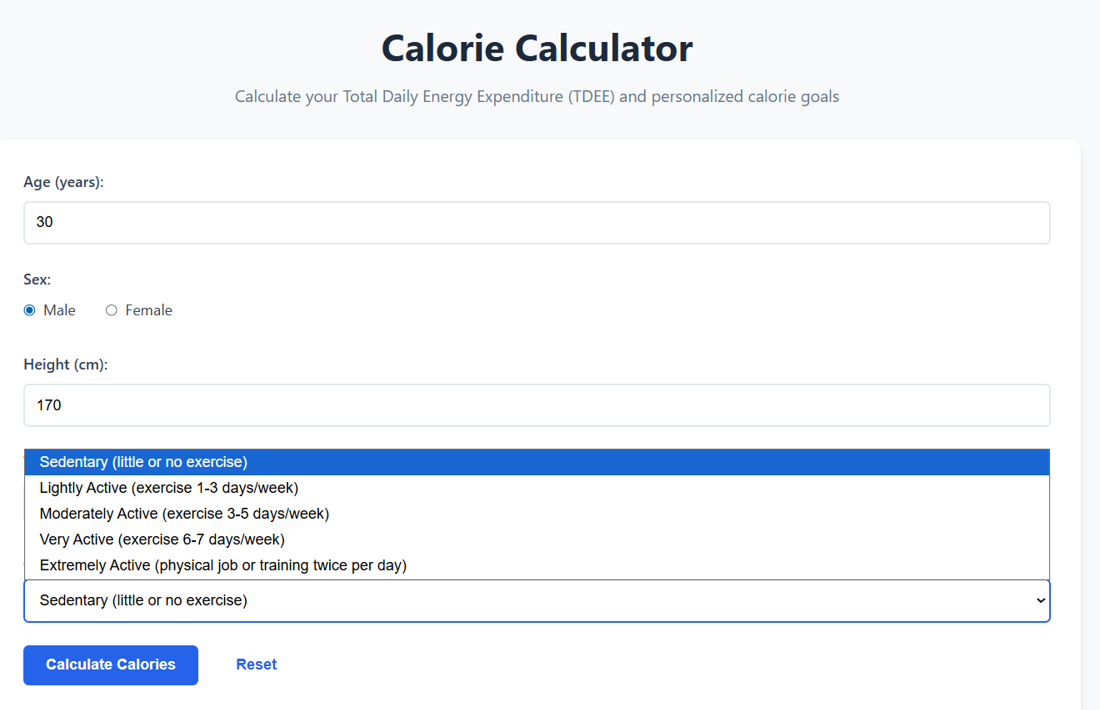 Activity level dropdown open showing options: Sedentary, Lightly Active, Moderately Active, Very Active, Extremely Active.